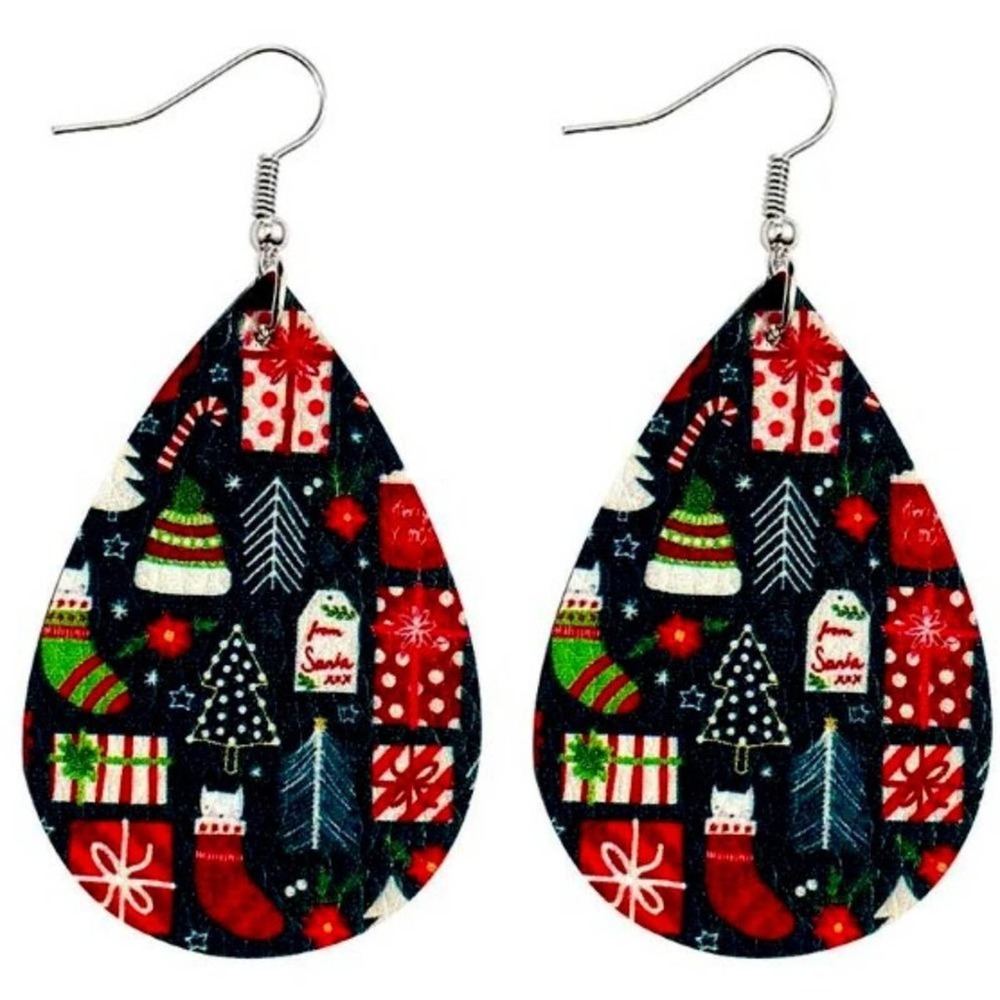 Navy Blue Christmas Vegan Leather Teardrop Earrings